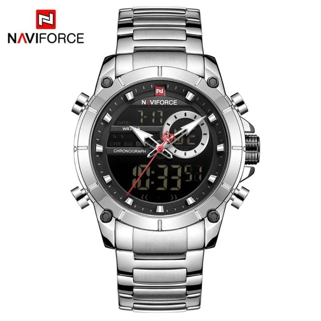 Men Military Sport Wrist Watch Gold Quartz Steel Waterproof Dual Display Male Clock Watch