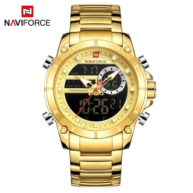 Men Military Sport Wrist Watch Gold Quartz Steel Waterproof Dual Display Male Clock Watch