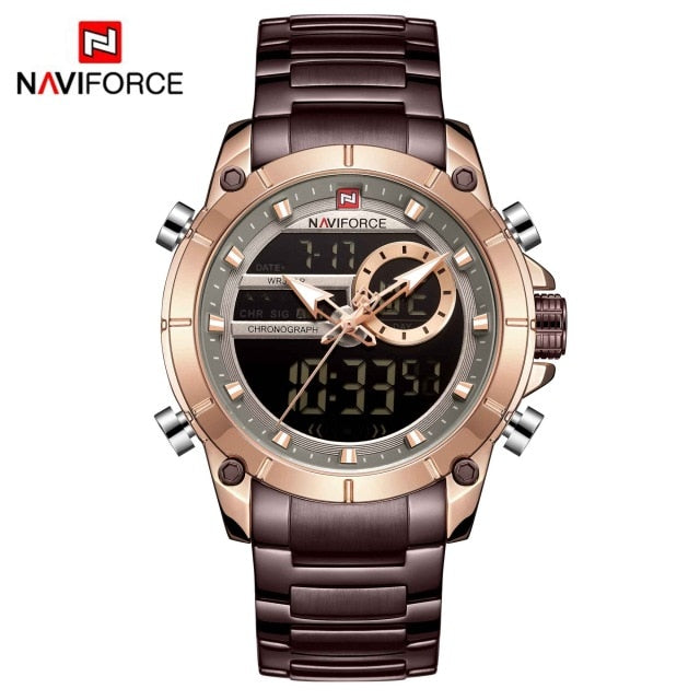 Men Military Sport Wrist Watch Gold Quartz Steel Waterproof Dual Display Male Clock Watch