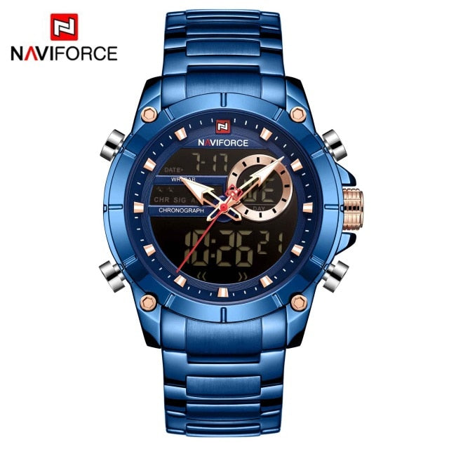 Men Military Sport Wrist Watch Gold Quartz Steel Waterproof Dual Display Male Clock Watch