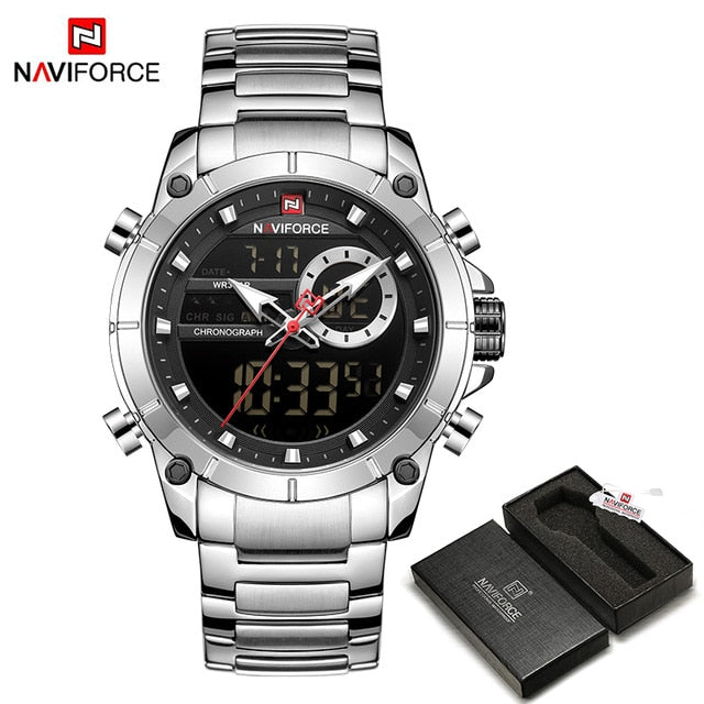 Men Military Sport Wrist Watch Gold Quartz Steel Waterproof Dual Display Male Clock Watch