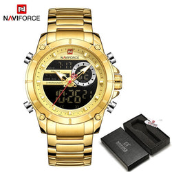 Men Military Sport Wrist Watch Gold Quartz Steel Waterproof Dual Display Male Clock Watch