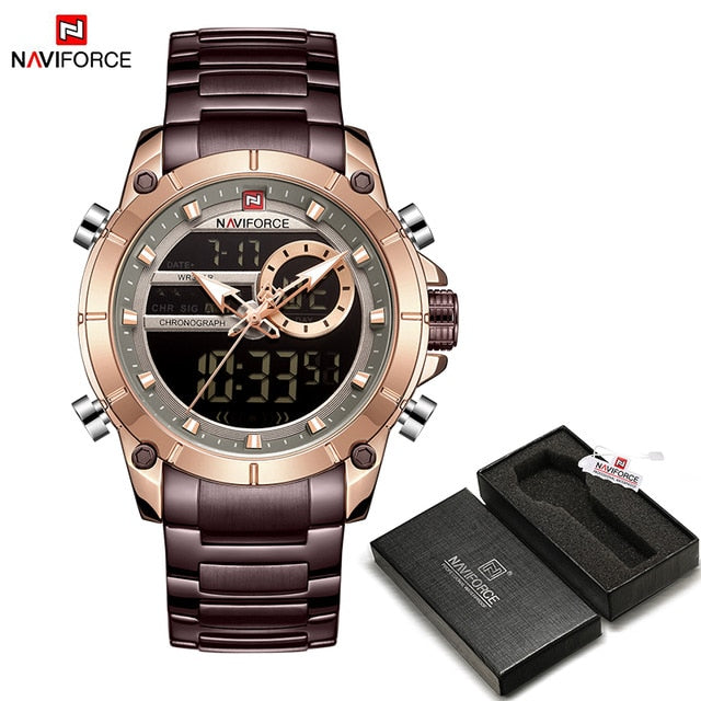 Men Military Sport Wrist Watch Gold Quartz Steel Waterproof Dual Display Male Clock Watch