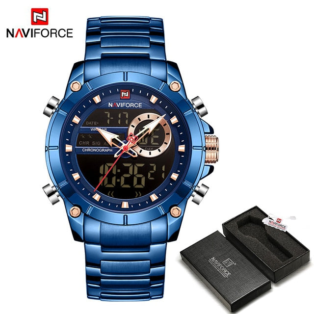 Men Military Sport Wrist Watch Gold Quartz Steel Waterproof Dual Display Male Clock Watch