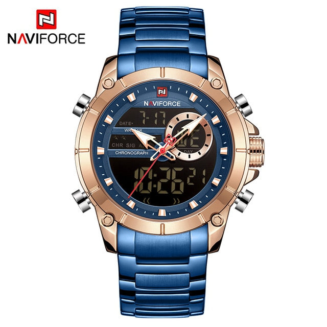 Men Military Sport Wrist Watch Gold Quartz Steel Waterproof Dual Display Male Clock Watch