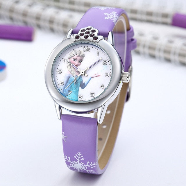 Elsa Princess Kids Watches Leather Strap Cute Children's Cartoon Wristwatches Gifts