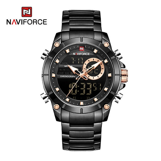 Men Military Sport Wrist Watch Gold Quartz Steel Waterproof Dual Display Male Clock Watch