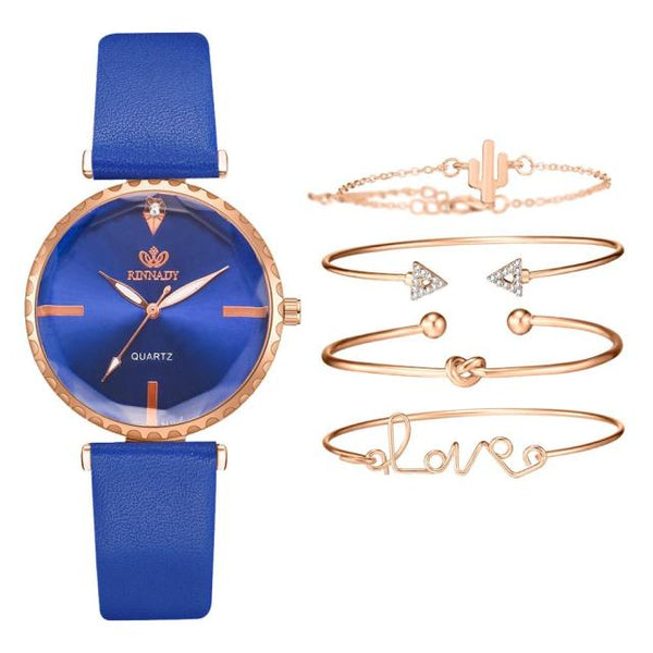 5pcs Set Top Style Fashion Women's Watch Luxury Leather Band Analog Quartz WristWatch Ladies Watch