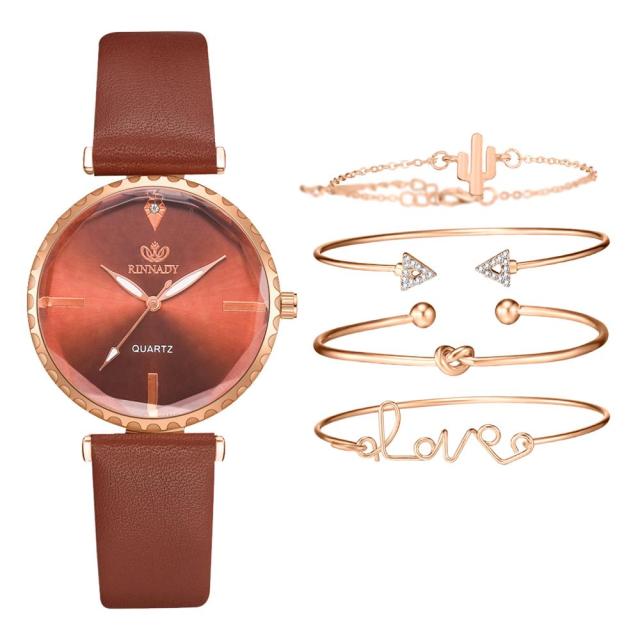 5pcs Set Top Style Fashion Women's Watch Luxury Leather Band Analog Quartz WristWatch Ladies Watch