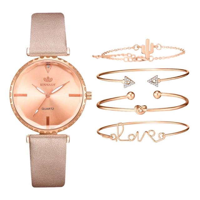 5pcs Set Top Style Fashion Women's Watch Luxury Leather Band Analog Quartz WristWatch Ladies Watch