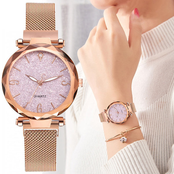 Rose Gold Luxury Magnetic Starry Sky Lady Wrist Watch Mesh Female Clock