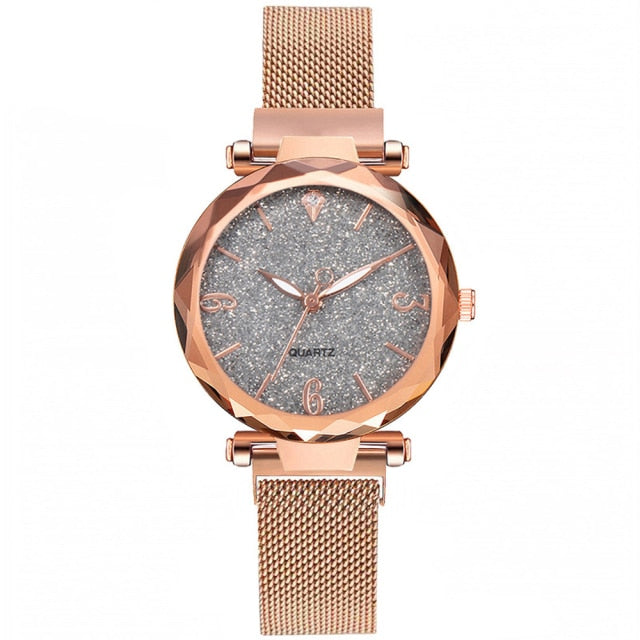 Rose Gold Luxury Magnetic Starry Sky Lady Wrist Watch Mesh Female Clock