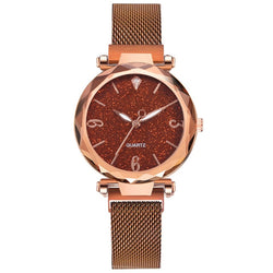 Rose Gold Luxury Magnetic Starry Sky Lady Wrist Watch Mesh Female Clock