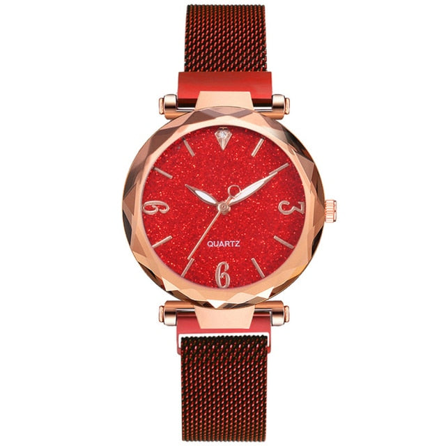 Rose Gold Luxury Magnetic Starry Sky Lady Wrist Watch Mesh Female Clock