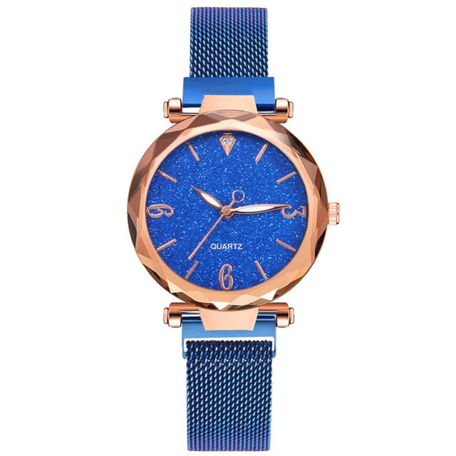 Rose Gold Luxury Magnetic Starry Sky Lady Wrist Watch Mesh Female Clock