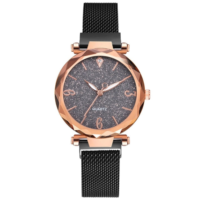 Rose Gold Luxury Magnetic Starry Sky Lady Wrist Watch Mesh Female Clock