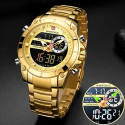 Men Military Sport Wrist Watch Gold Quartz Steel Waterproof Dual Display Male Clock Watch