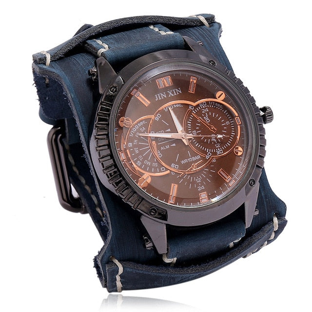 Quartz Wristwatches Fashion Blue Glass Punk Style Mens Watches Wide Leather Bracelets